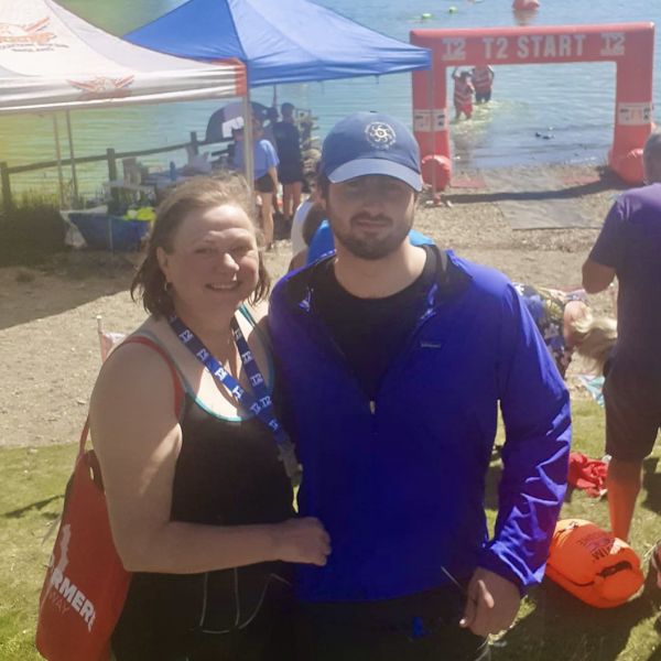 My son and me at the finish of Windermere One Way